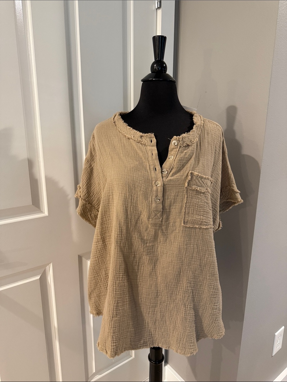 LA MIEL Washed Tan Henley Tunic with Frayed Trim